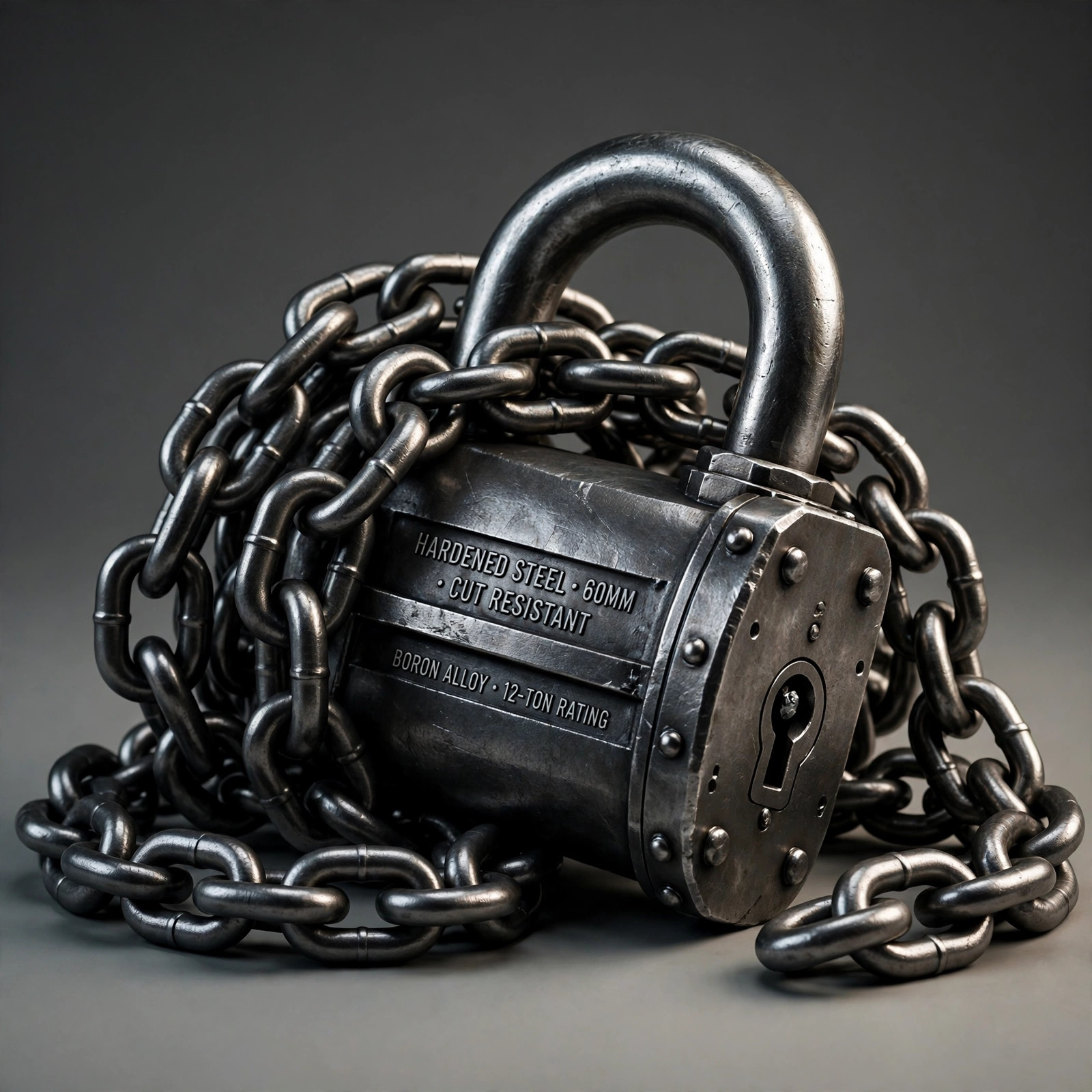 Heavy-duty padlock and chain — gates, storage cages, and basements.
